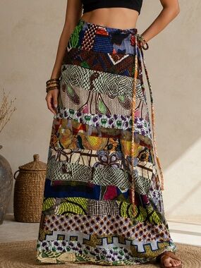 Handmade Bohemian Patchwork Maxi Wrap Skirt Mixed Print Festival Artisan Boho